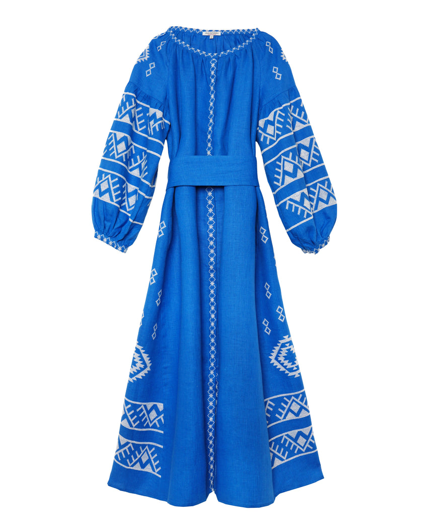 Royal Blue Hand Embroidered Linen Maxi Dress | ZALXNDRA