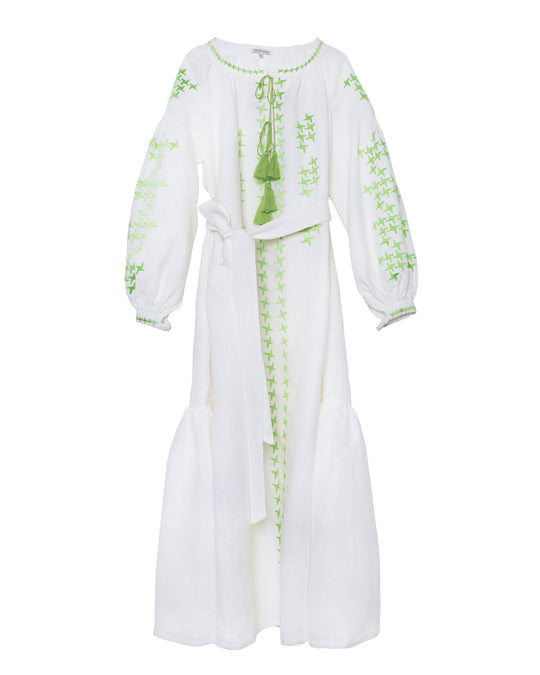White Green Geometric Embroidered Linen Kaftan Maxi Dress
