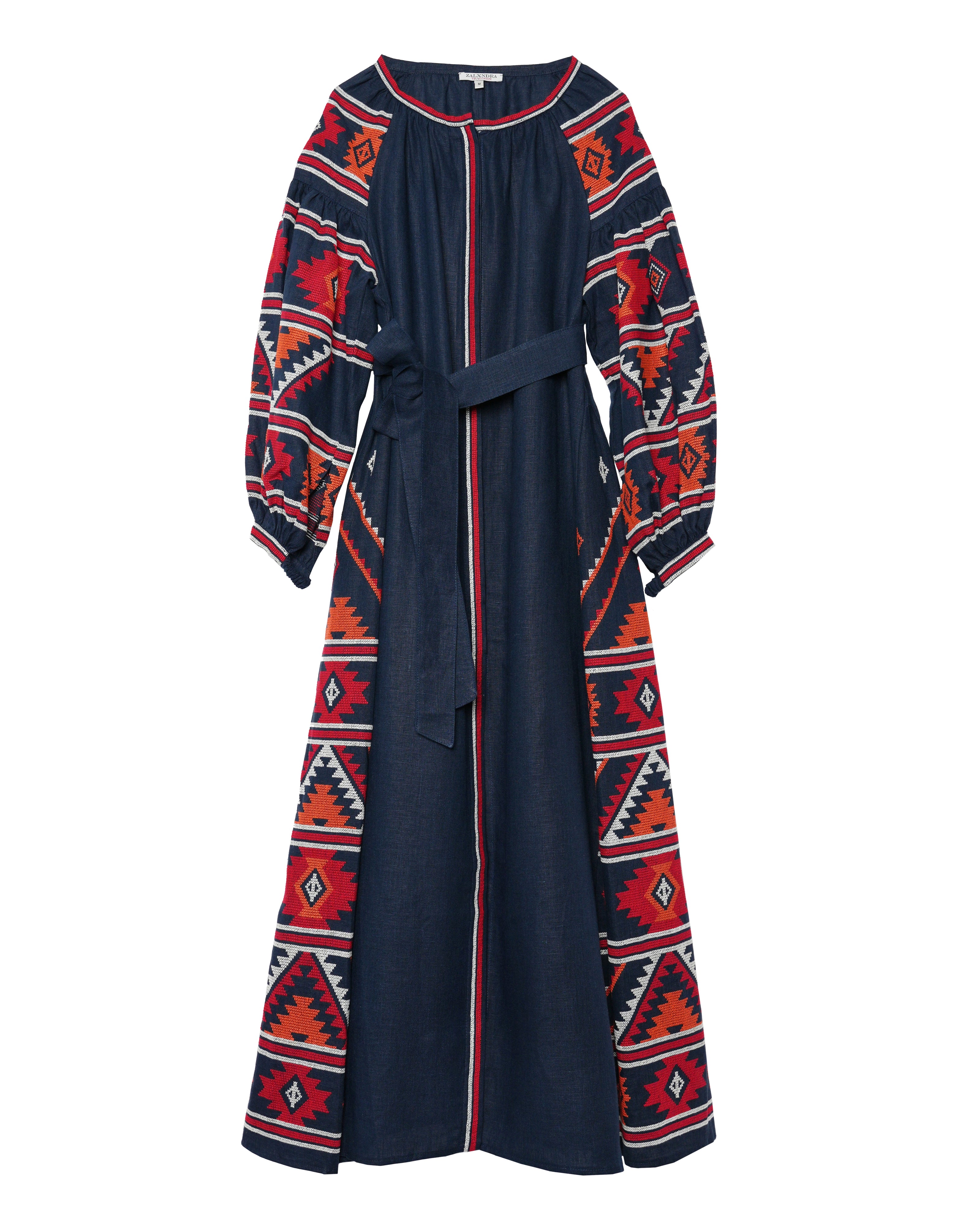 Rhapsody Blue Hand Embroidered Linen Maxi Dress | ZALXNDRA