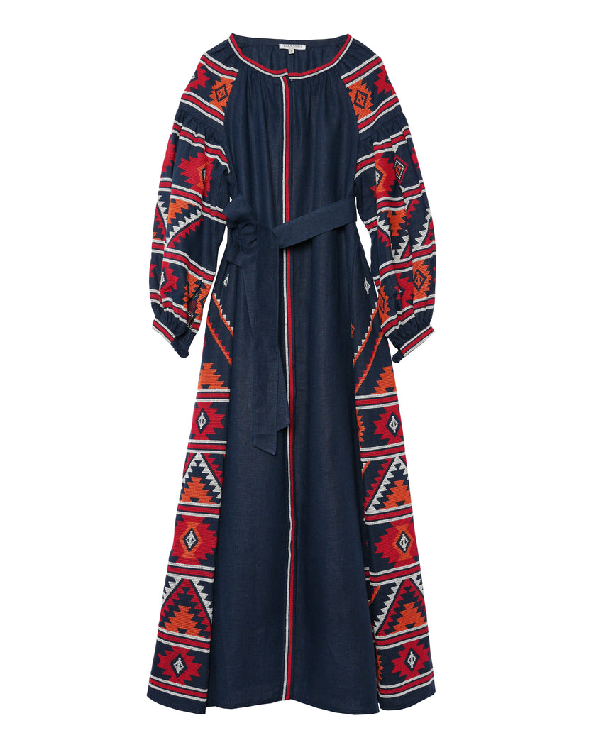 Rhapsody Blue Hand Embroidered Linen Maxi Dress | ZALXNDRA