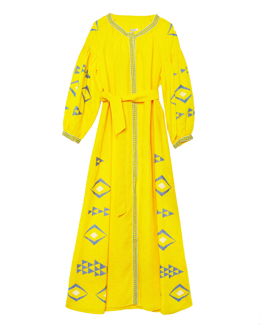 Saffron Yellow Hand Embroidered Linen Maxi Dress | ZALXNDRA