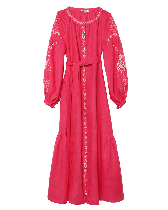 Coral Embroidered Linen Maxi Dress | ZALXNDRA