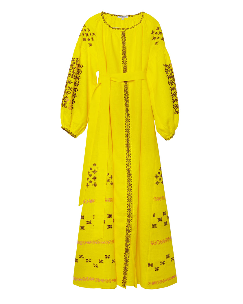 Lemon Yellow Hand Embroidered Linen Maxi Dress | ZALXNDRA