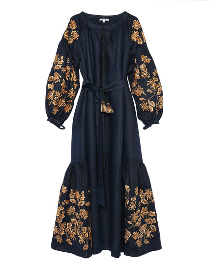 Rhapsody Blue Embroidered Linen Long Dress – Balloon Sleeves