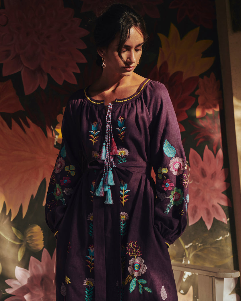 Plum Purple Embroidered Linen Maxi Dress | ZALXNDRA