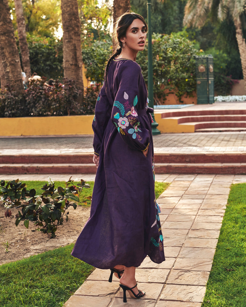 Plum Purple Embroidered Linen Maxi Dress | ZALXNDRA