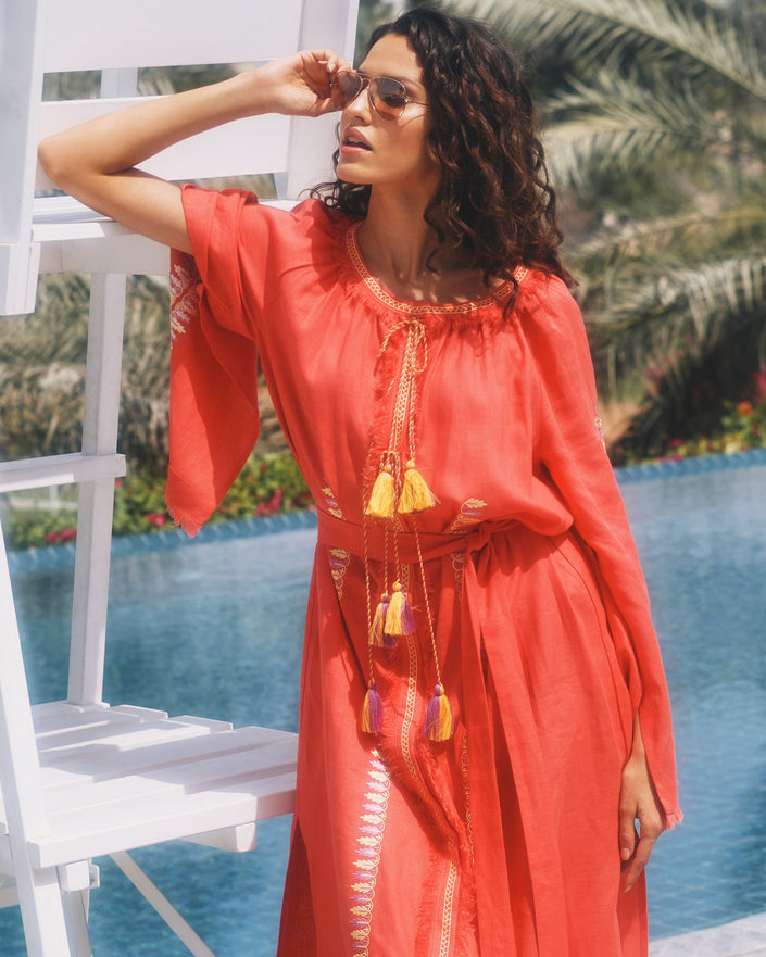 Coral Floral Embroidered Linen Kaftan Maxi Dress