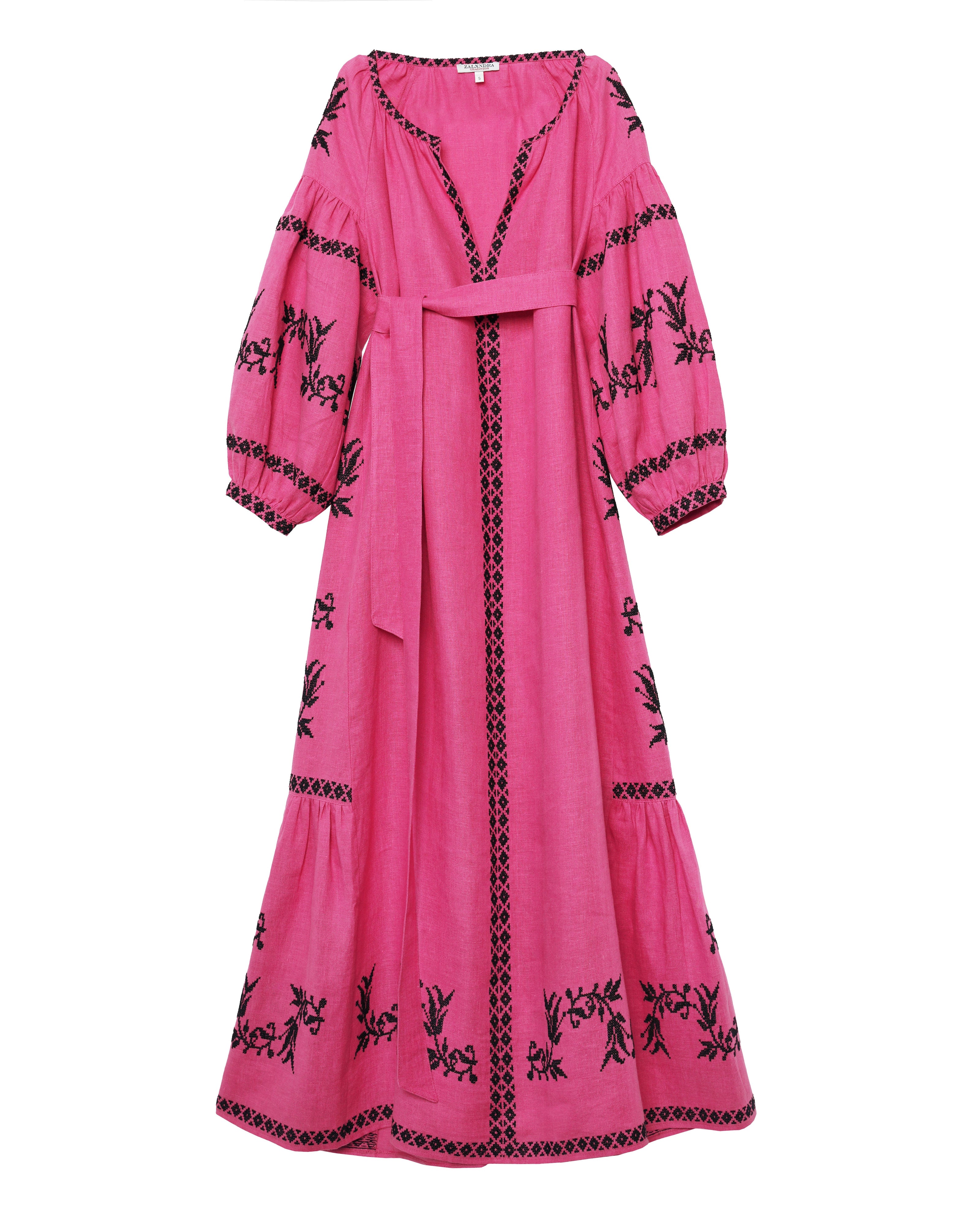 Fuchsia Hand Embroidered Linen Maxi Dress | ZALXNDRA