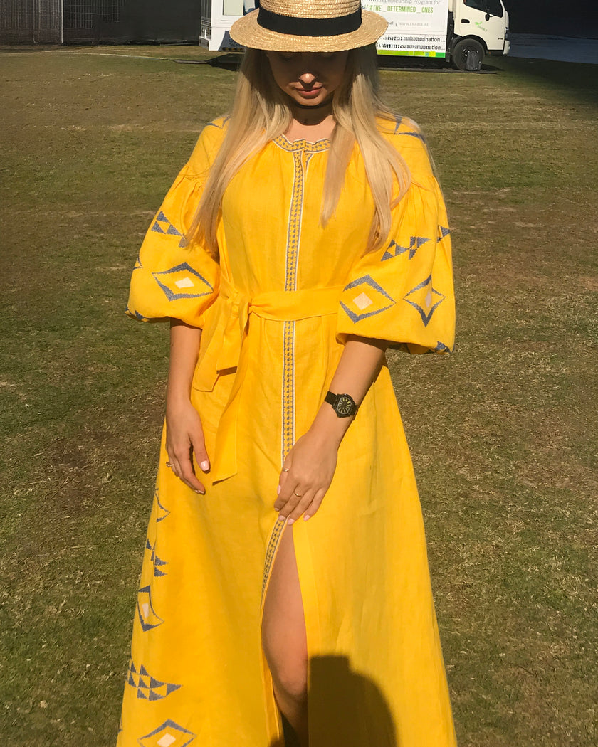 Saffron Yellow Hand Embroidered Linen Maxi Dress | ZALXNDRA