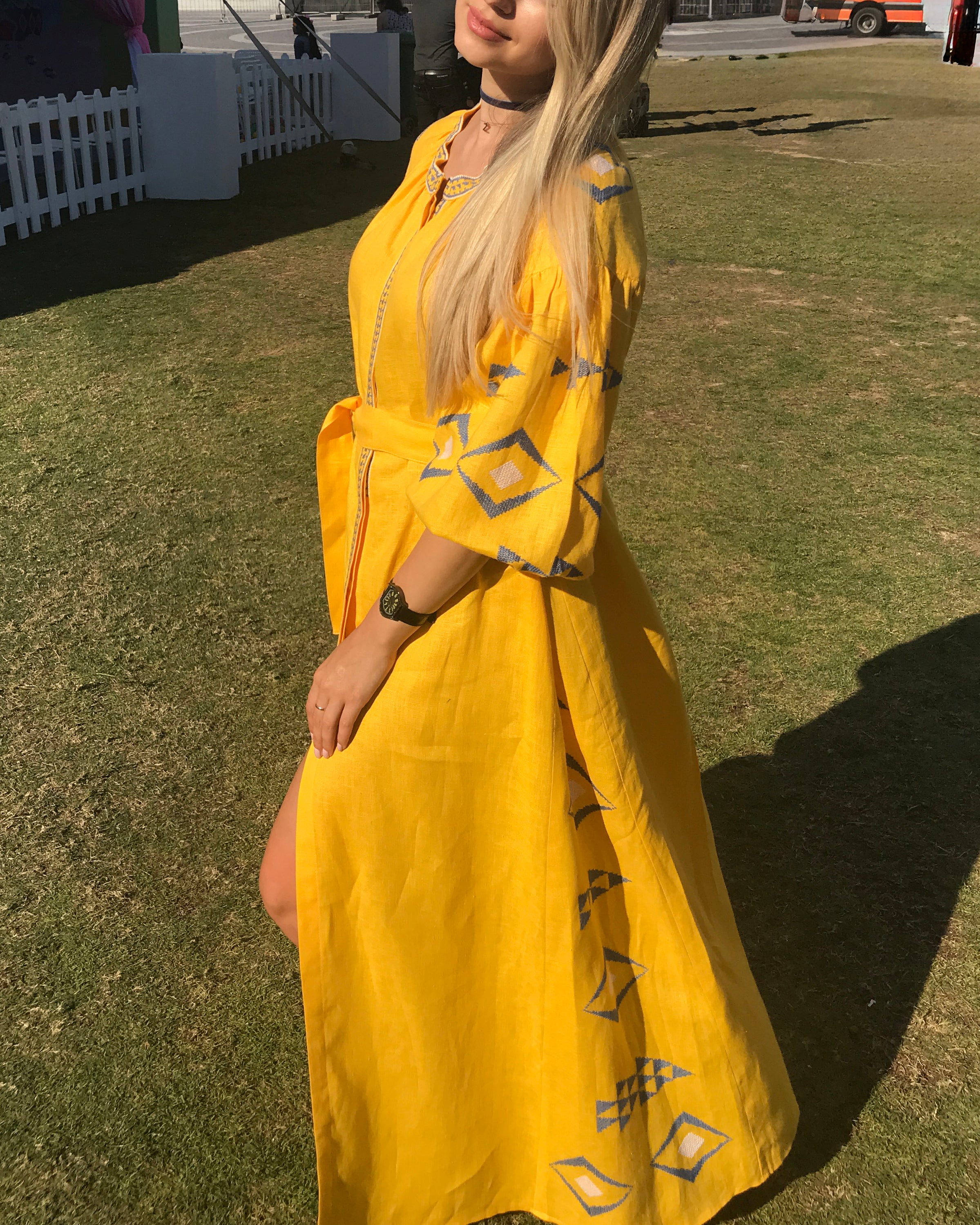 Saffron Yellow Hand Embroidered Linen Maxi Dress | ZALXNDRA