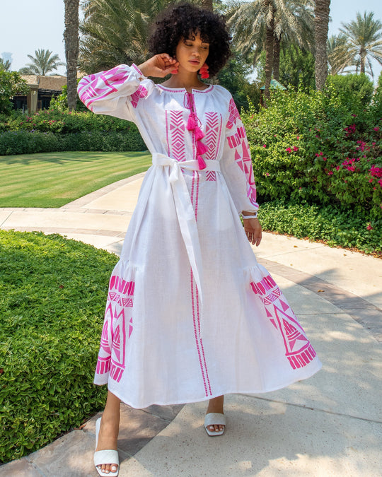 White Pink Geometric Embroidered Linen Kaftan Maxi Dress
