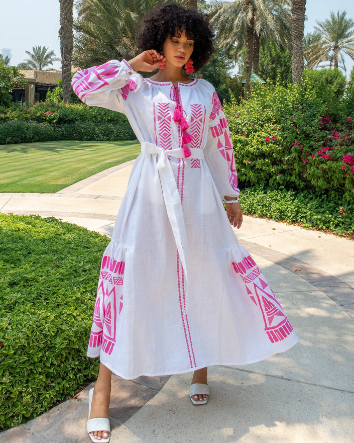 White Pink Geometric Embroidered Linen Kaftan Maxi Dress