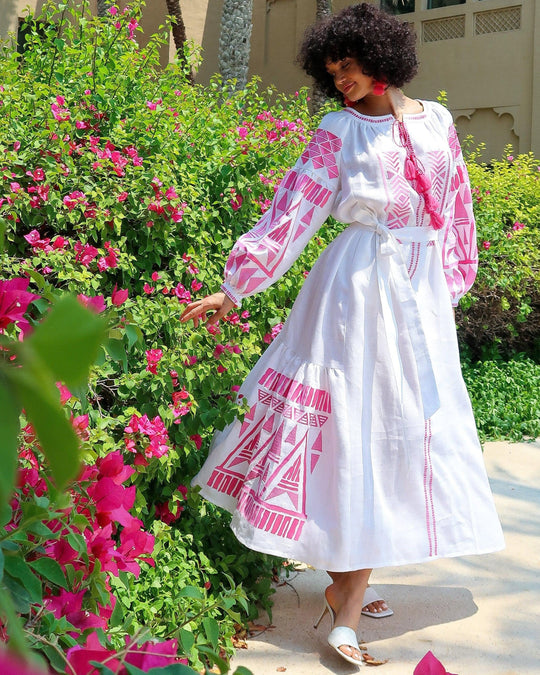 White Pink Geometric Embroidered Linen Kaftan Maxi Dress