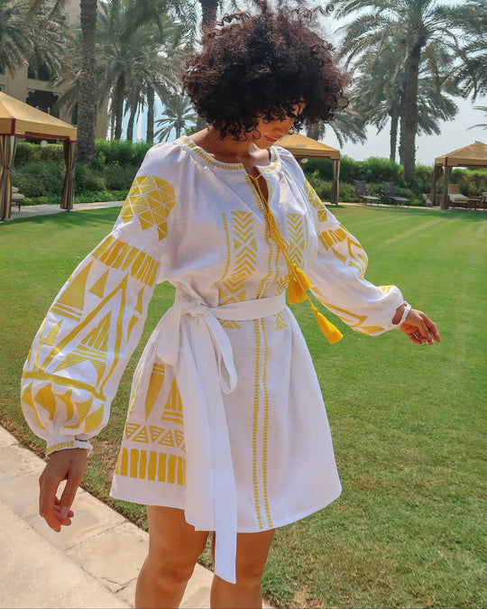 White Yellow Geometric Embroidered Linen Mini Kaftan Dress