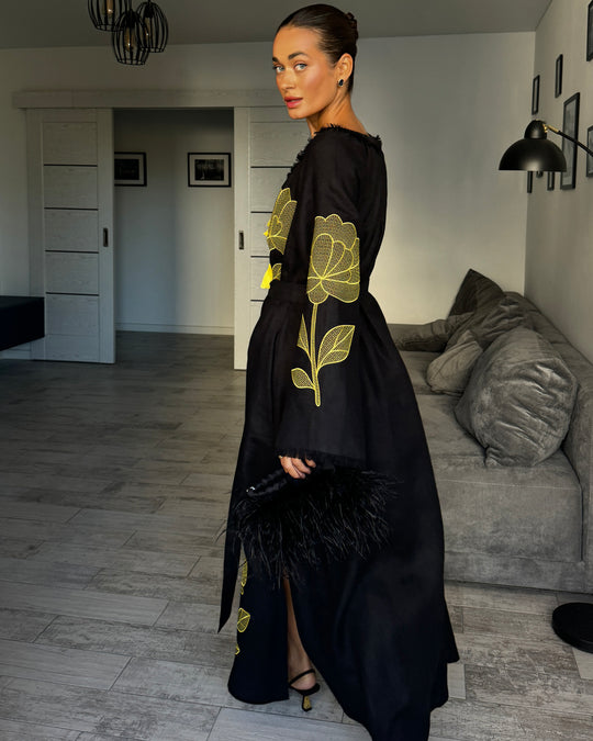 Black and Gold Outlined Floral Embroidered Linen Kaftan Maxi Dress with Angel Sleeves