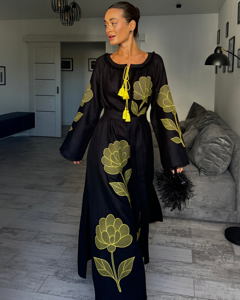 Black Embroidered Linen Maxi Dress | ZALXNDRA