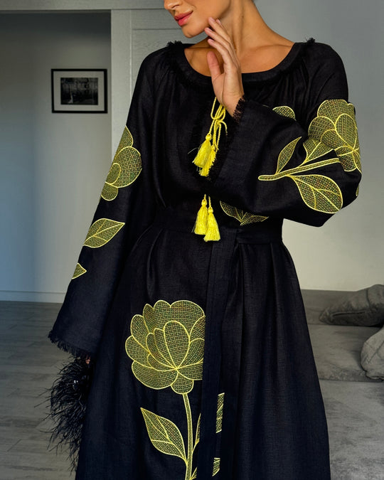 Black and Gold Outlined Floral Embroidered Linen Kaftan Maxi Dress with Angel Sleeves