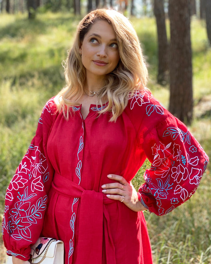 Scarlet Red Embroidered Linen Maxi Dress | ZALXNDRA