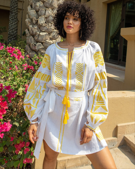 White Yellow Geometric Embroidered Linen Mini Kaftan Dress