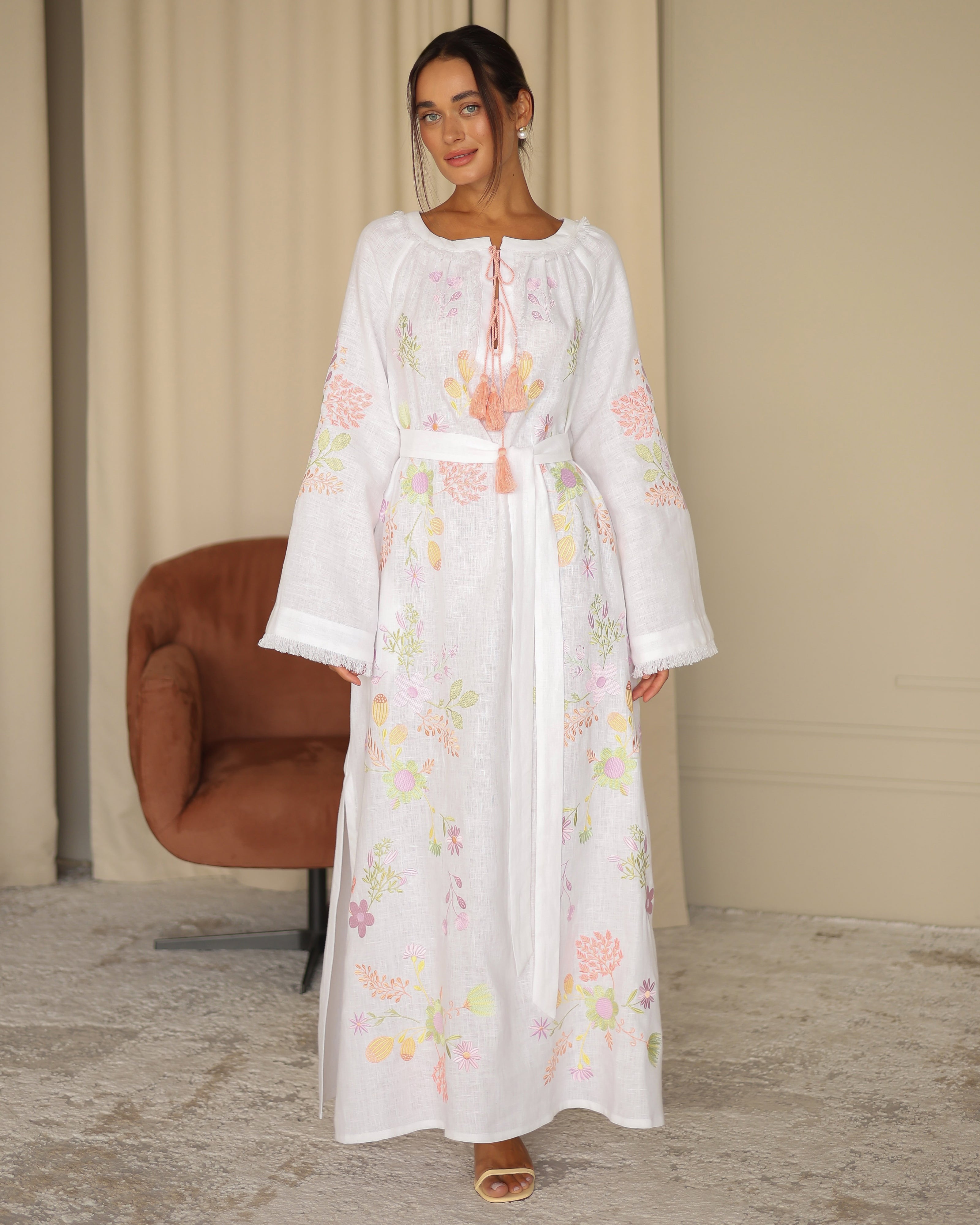 White Embroidered Linen Maxi Dress | ZALXNDRA