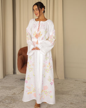 White Embroidered Linen Maxi Dress | ZALXNDRA