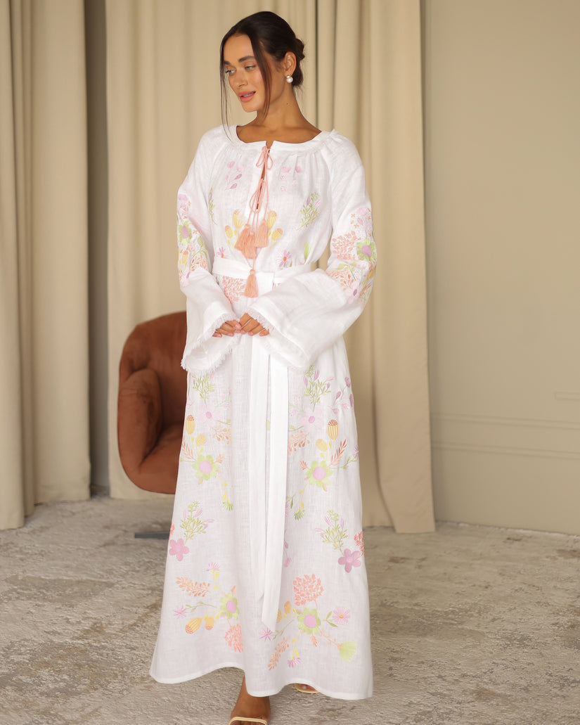 White Embroidered Linen Maxi Dress | ZALXNDRA