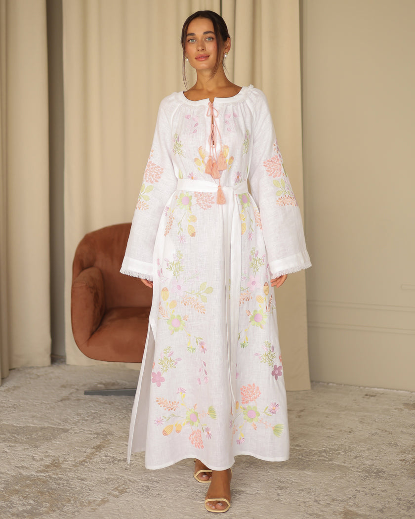 White Embroidered Linen Maxi Dress | ZALXNDRA