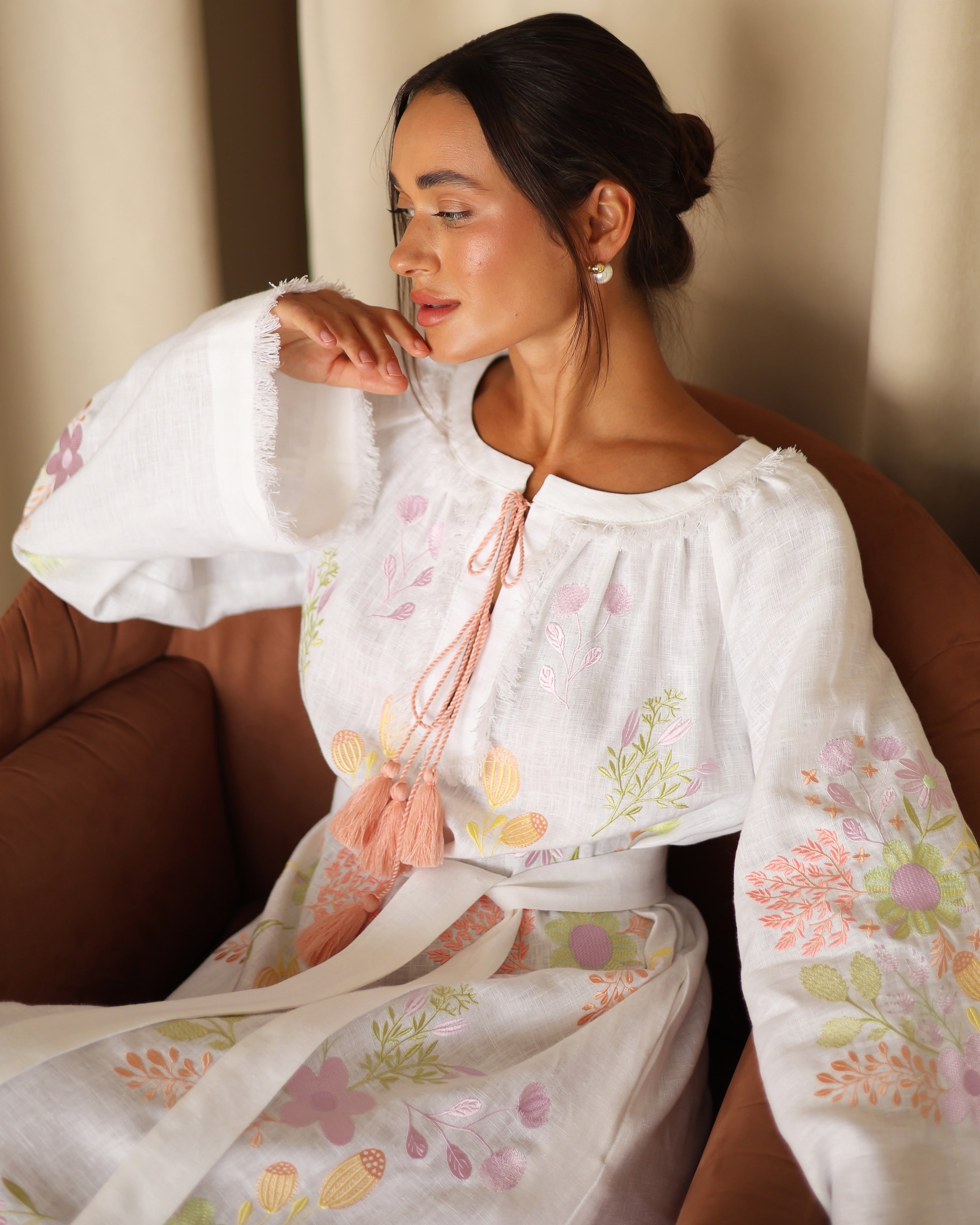 White Embroidered Linen Maxi Dress | ZALXNDRA