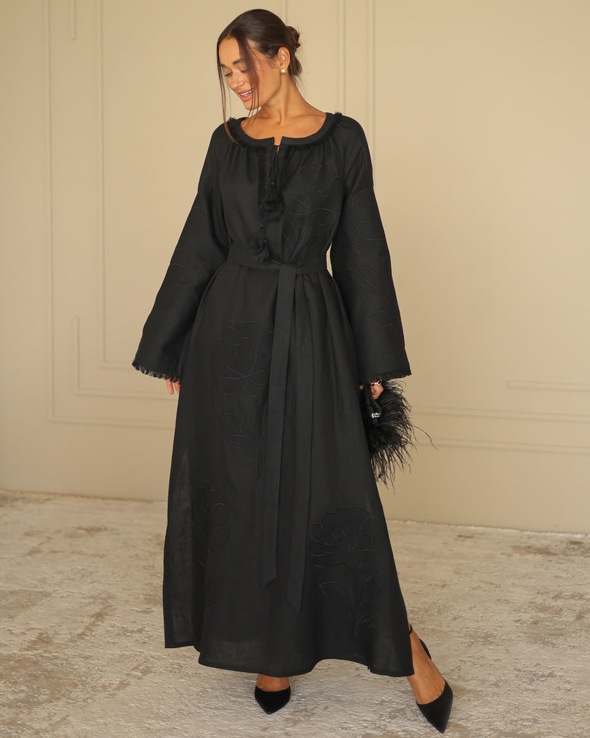 Black Embroidered Linen Maxi Dress | ZALXNDRA