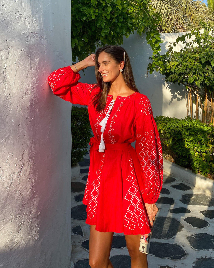 Scarlet Red Embroidered Linen Mini Dress | ZALXNDRA