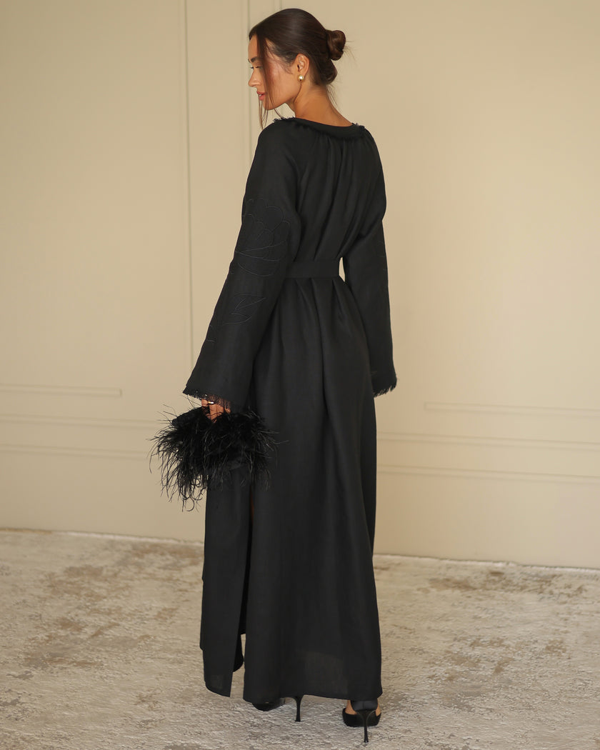 Black Embroidered Linen Maxi Dress | ZALXNDRA