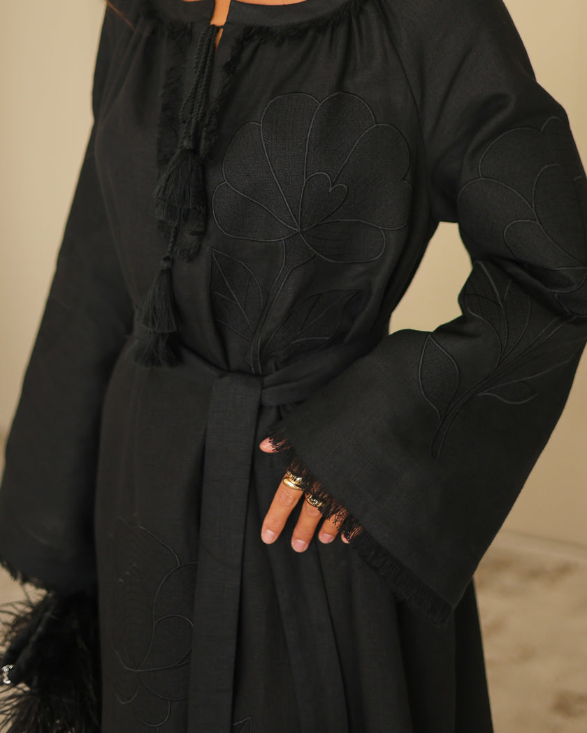Black Embroidered Linen Maxi Dress | ZALXNDRA