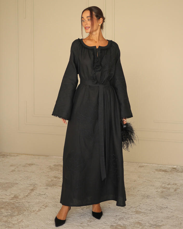 Black Embroidered Linen Maxi Dress | ZALXNDRA