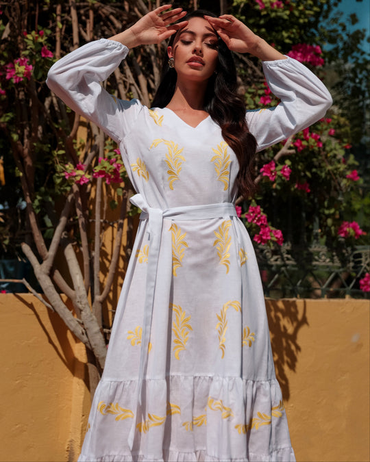 White Yellow Embroidered Linen Kaftan Maxi Dress