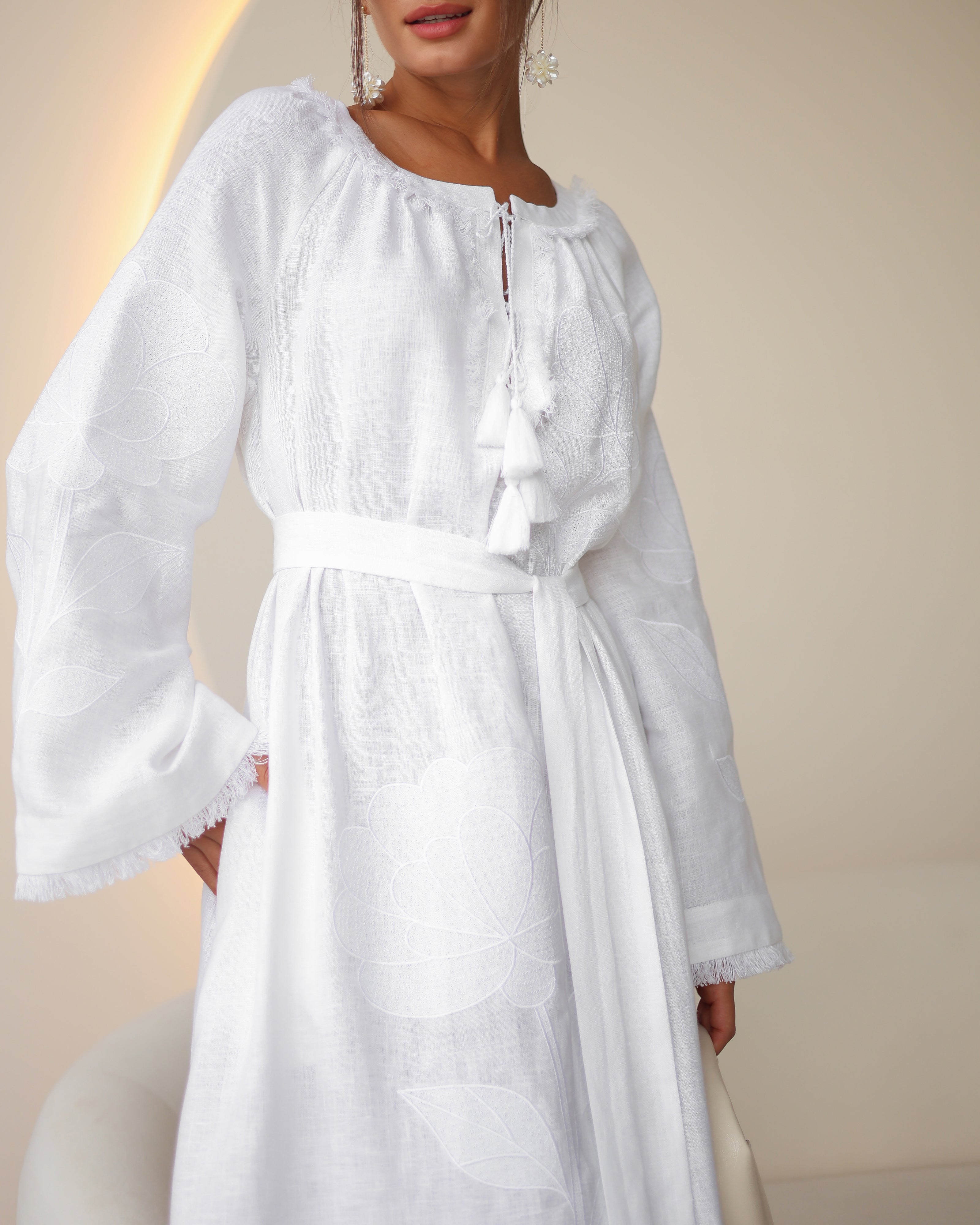 White Embroidered Linen Maxi Dress | ZALXNDRA
