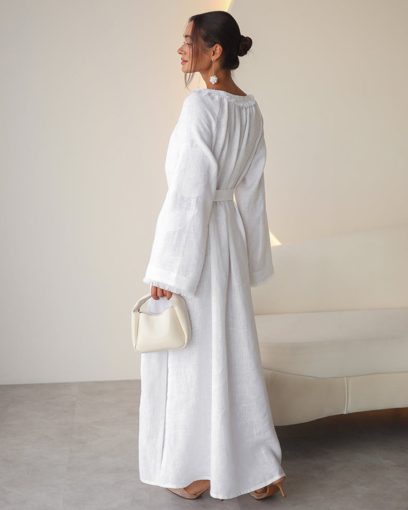 White Embroidered Linen Maxi Dress | ZALXNDRA