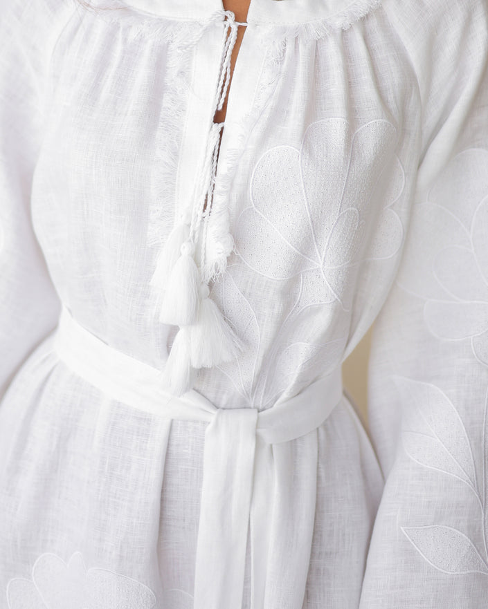 White Embroidered Linen Maxi Dress | ZALXNDRA