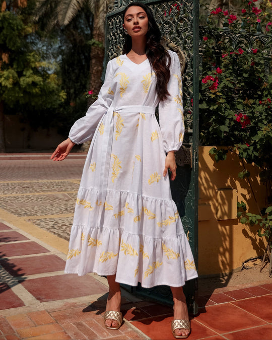 White Yellow Embroidered Linen Kaftan Maxi Dress