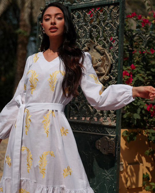 White Yellow Embroidered Linen Kaftan Maxi Dress