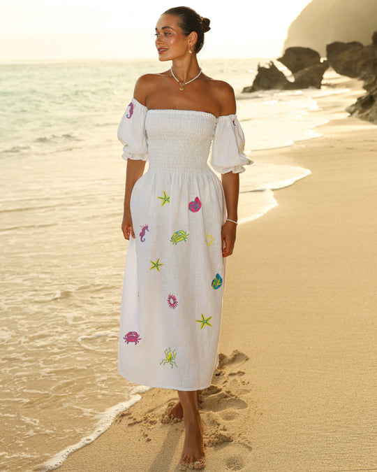 White Multi-Color Sea Life Embroidered Linen Off-Shoulder Midi Dress