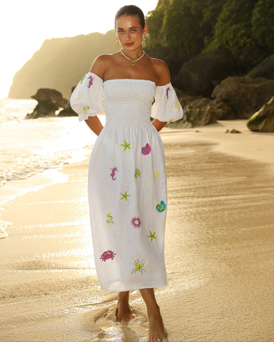 White Multi-Color Sea Life Embroidered Linen Off-Shoulder Midi Dress