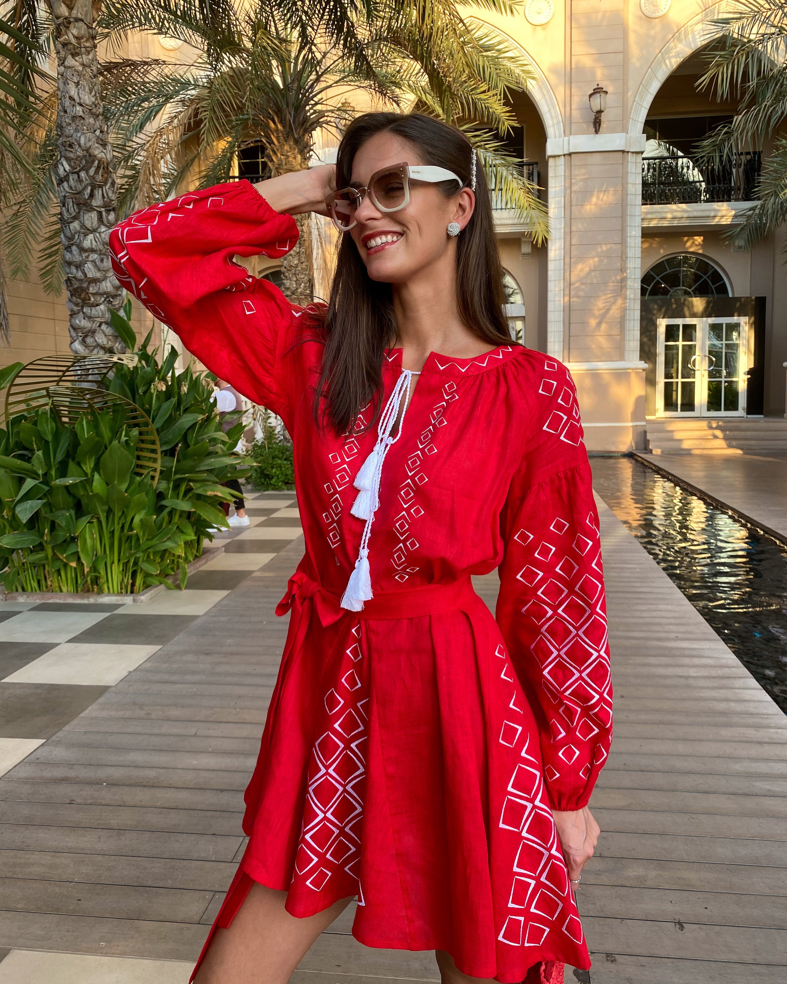 Scarlet Red Embroidered Linen Mini Dress | ZALXNDRA