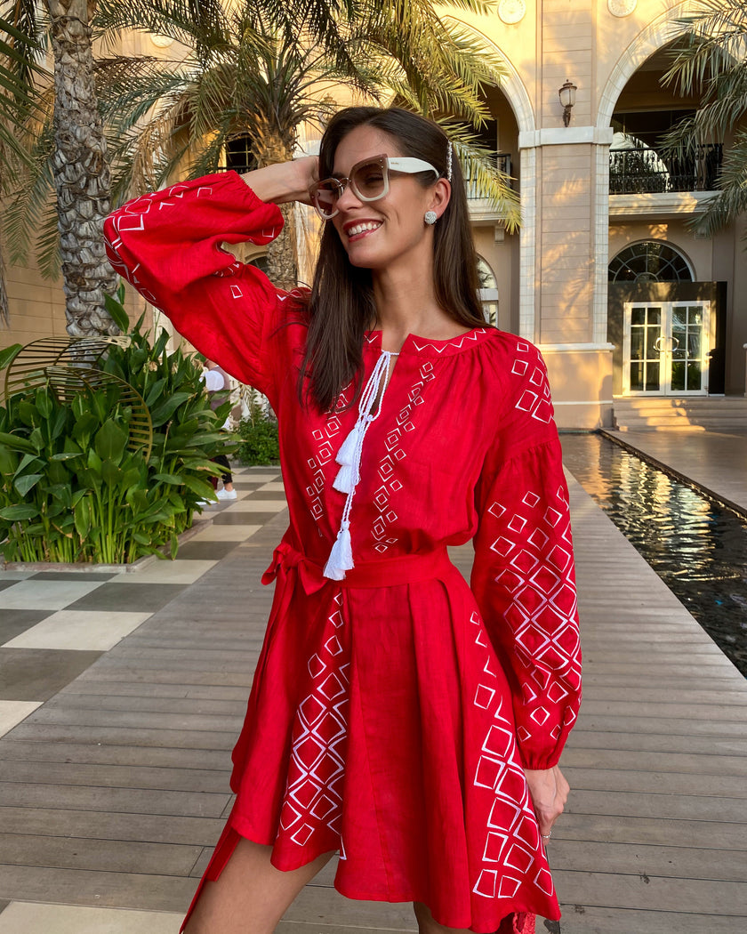 Scarlet Red Embroidered Linen Mini Dress | ZALXNDRA