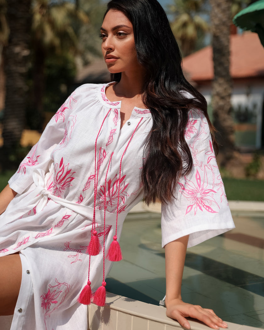 White Embroidered Linen Maxi Dress | ZALXNDRA