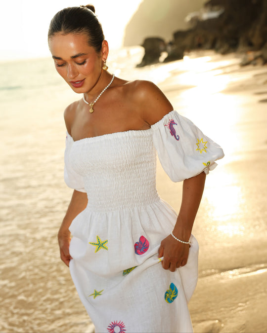 White Multi-Color Sea Life Embroidered Linen Off-Shoulder Midi Dress