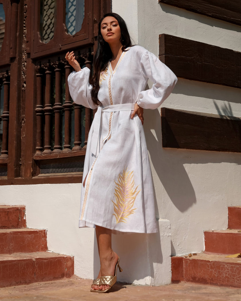 White Embroidered Linen Maxi Dress | ZALXNDRA