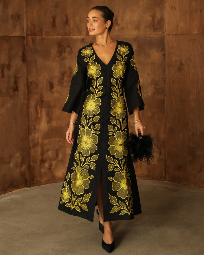 Black Embroidered Linen Dress | ZALXNDRA