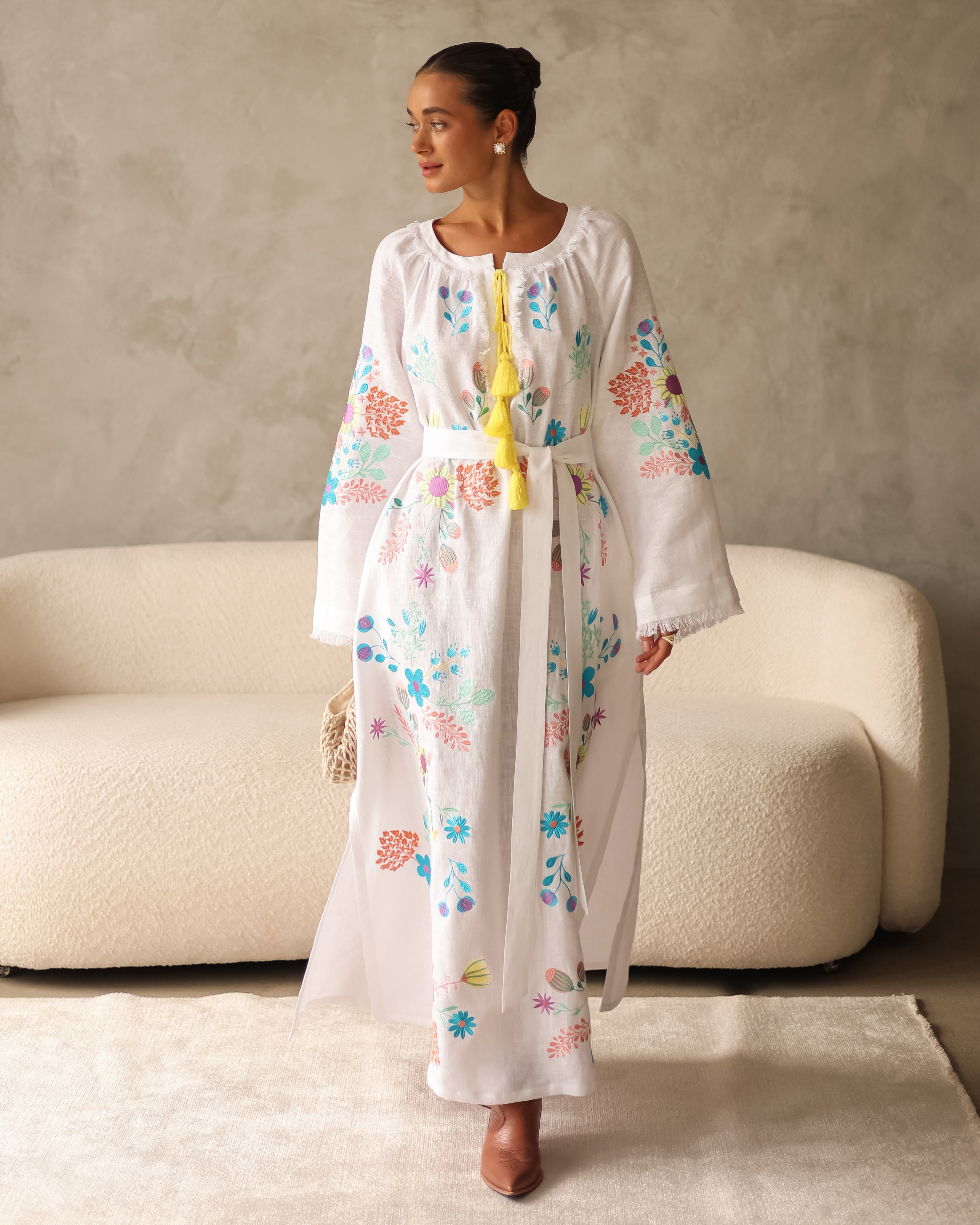 White Embroidered Linen Maxi Dress | ZALXNDRA
