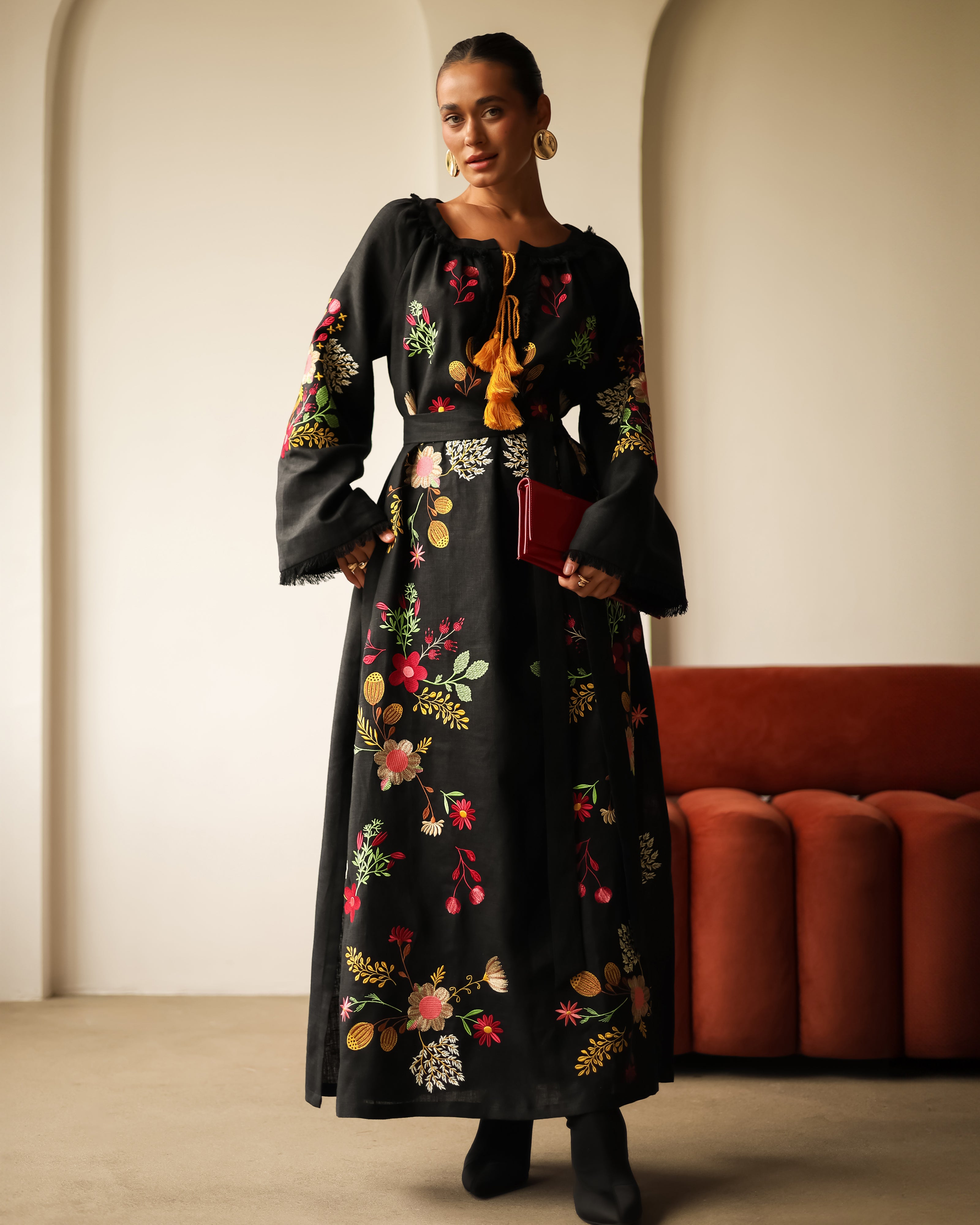 Black Embroidered Linen Maxi Dress | ZALXNDRA