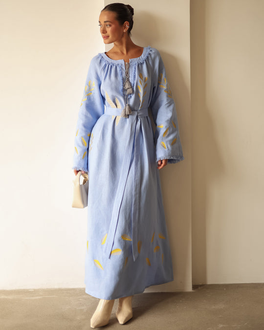 Powder Blue Yellow Leaf Embroidered Linen Kaftan Maxi Dress
